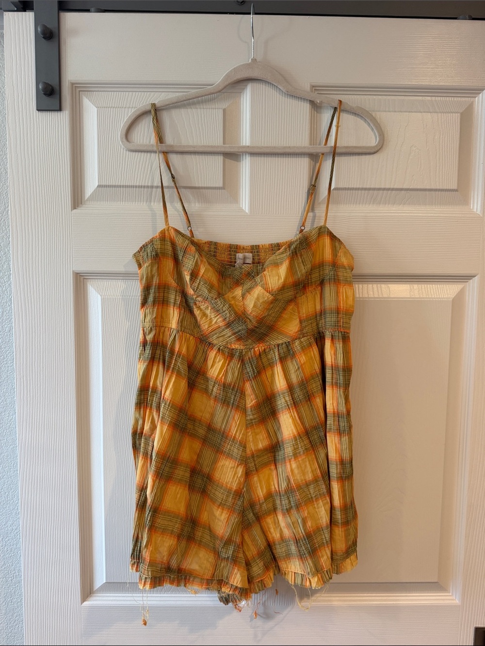 Urban Outfitters Yellow Plaid Spaghetti-Strap romper with pockets